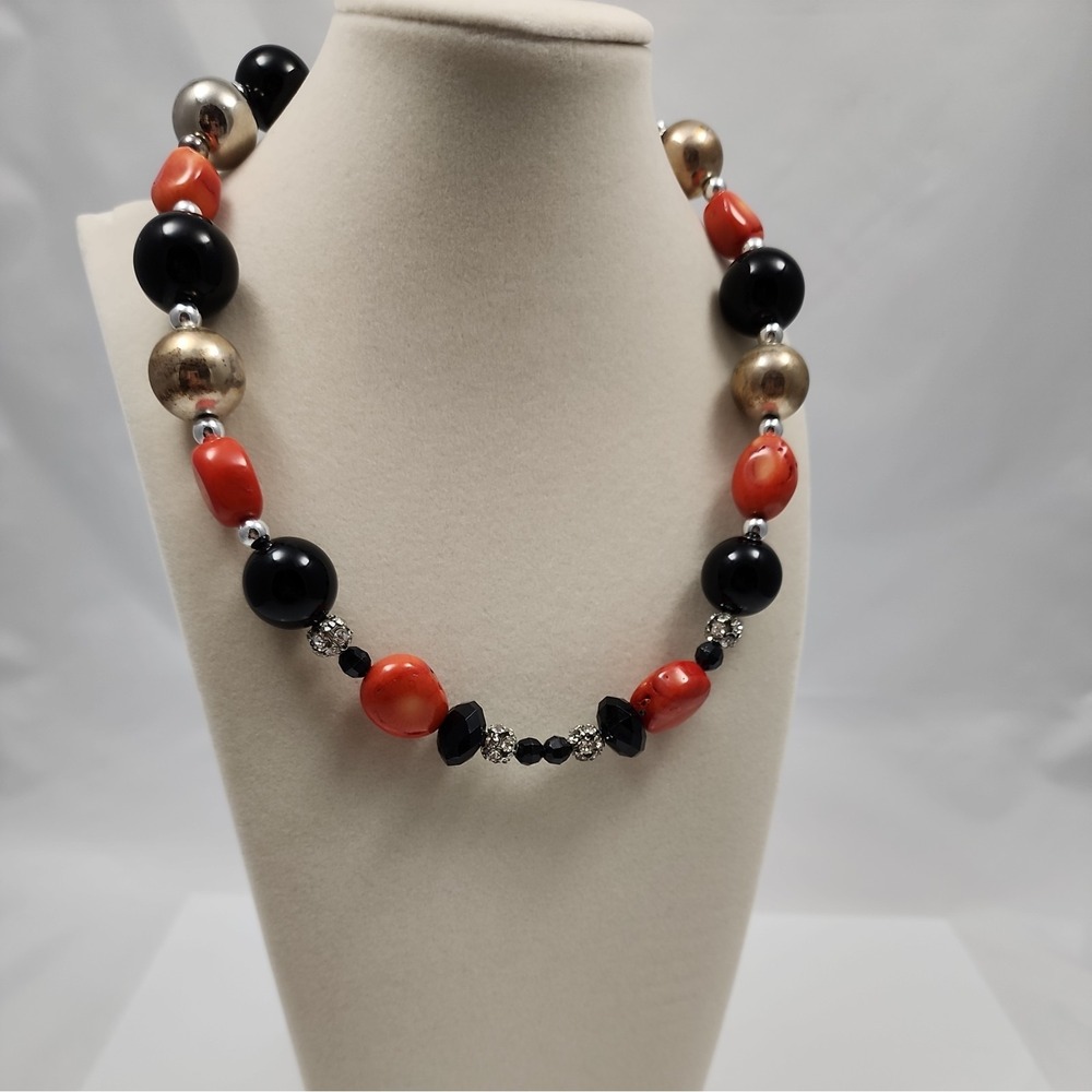 Red Coral Stone Black Beaded Fall Colors 19" Necklace Silver Vintage OOAK